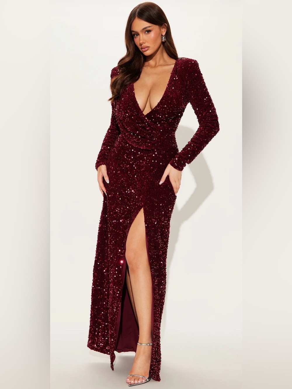 Fashion Nova Burgundy Sequin Cowl neck Maxi Dress